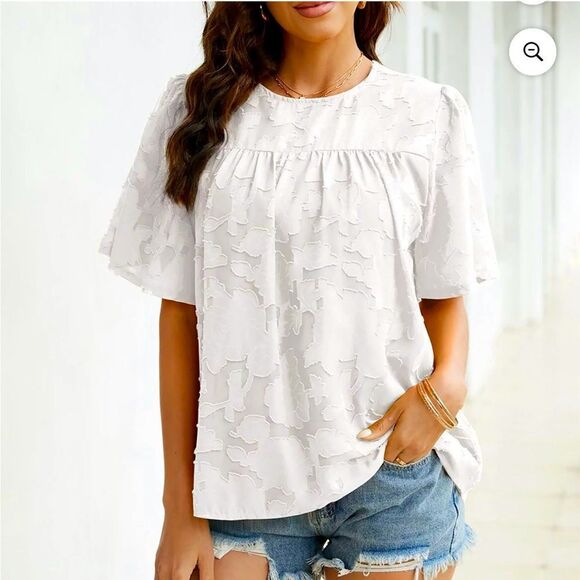 Womens 3 4 Bell Sleeve Blouse Summer Crewneck Lace Floral Textured Babydoll - Picture 1 of 11